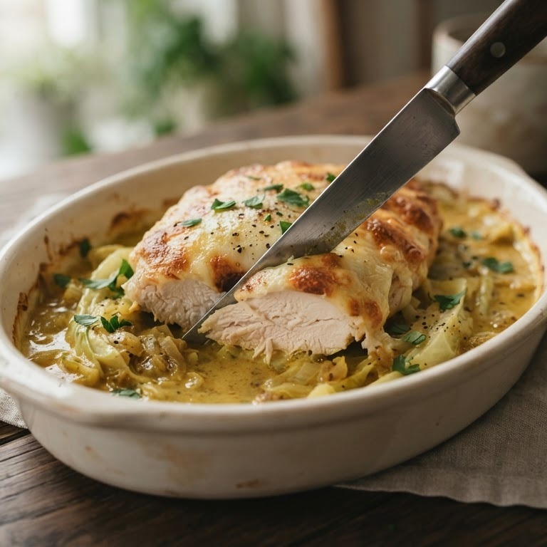 Gegratineerde kalkoenfilet met spitskool-kerrie-saus recept