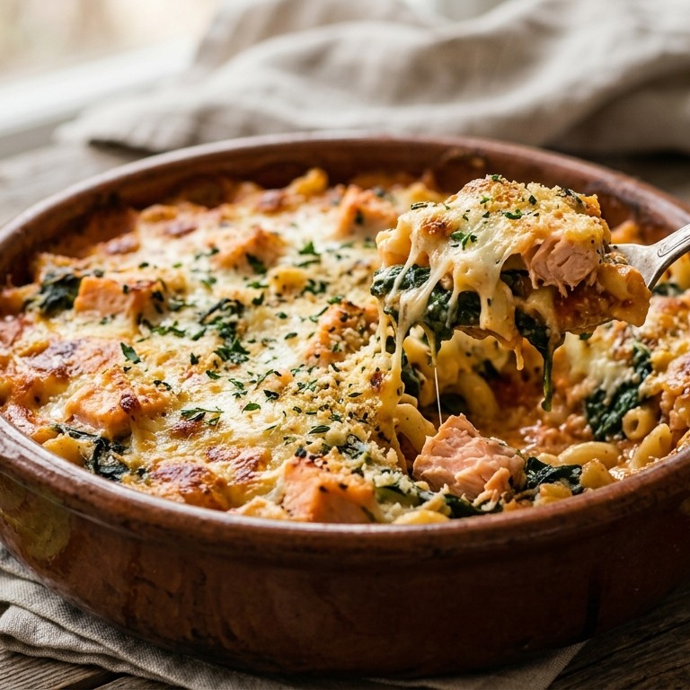 Gegratineerde macaroni met zalm en spinazie recept