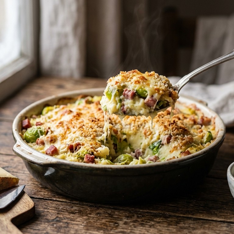 Gegratineerde stamppot met spruitjes recept