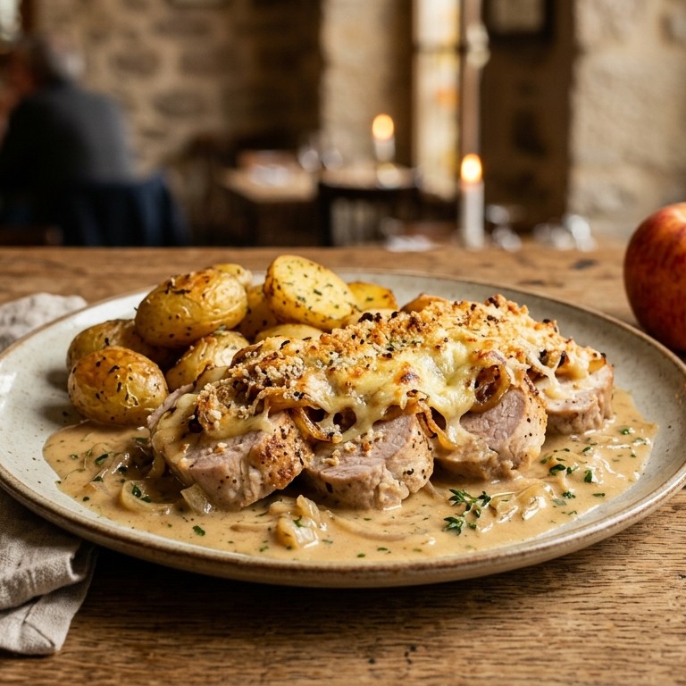 Gegratineerde varkensfilet met calvadossaus recept