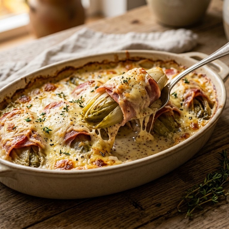 Gegratineerde witlof met ham en mosterdsaus recept