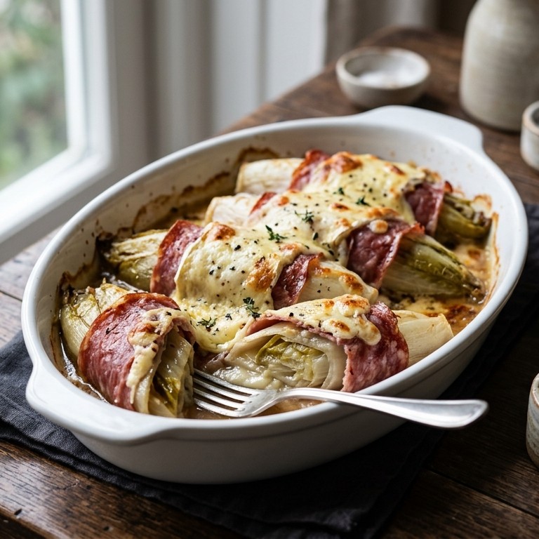 Gegratineerde witlof met salami en brie recept