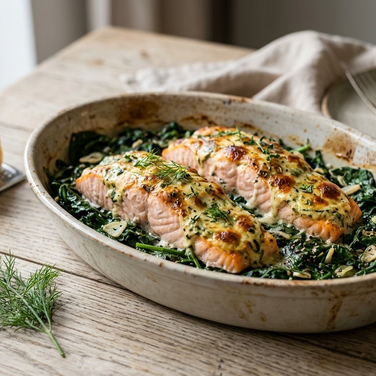 Gegratineerde zalm met spinazie recept