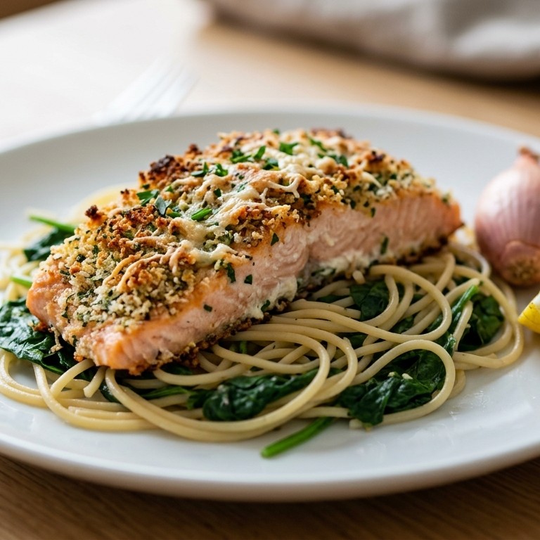 Gegratineerde zalmfilet met Boursin, spaghetti en spinazie recept