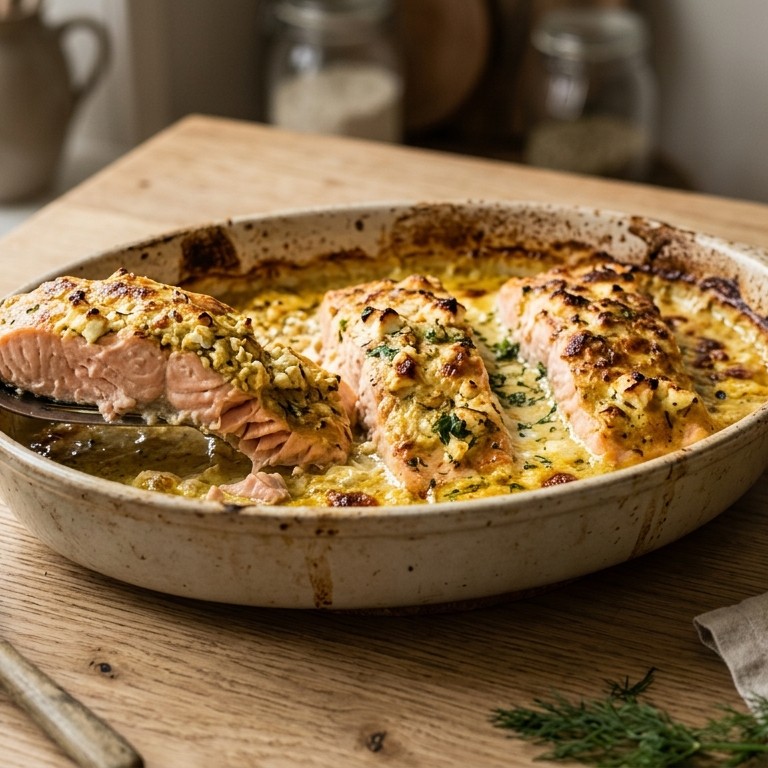 Gegratineerde zalmfilet met kerrieroom recept