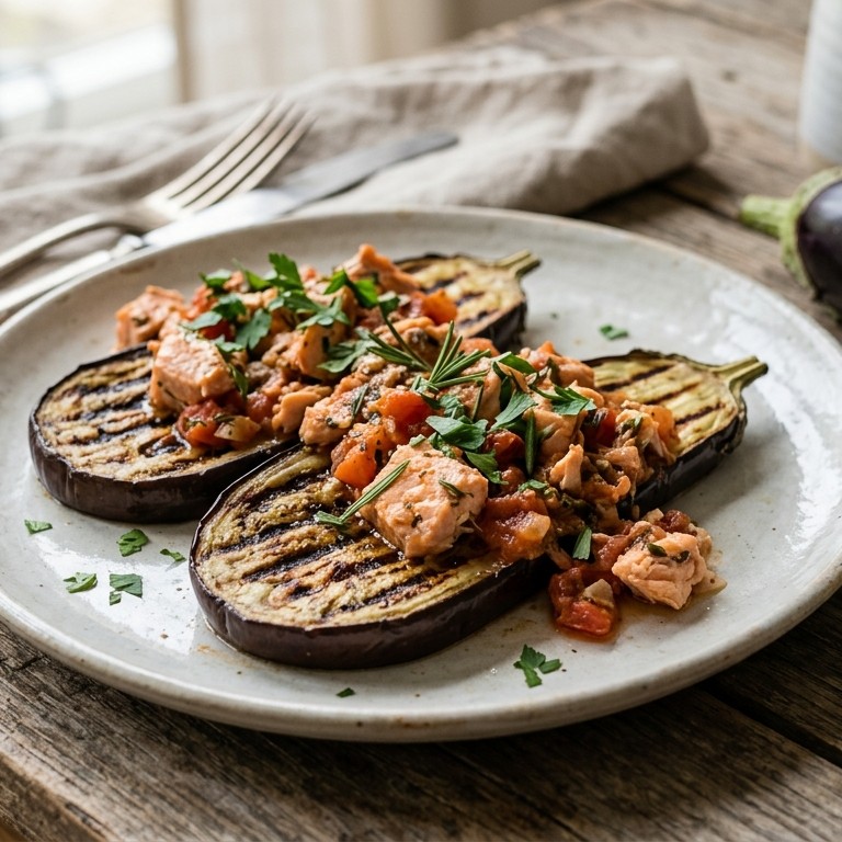 Gegrilde aubergine met zalmragout recept