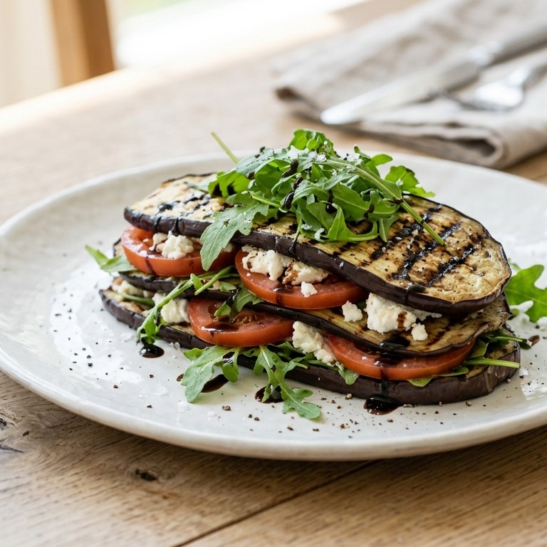 Gegrilde aubergines met geitenkaas, tomaat, rucola en balsamico azijn recept