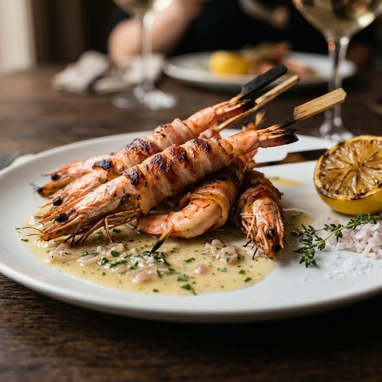 Gegrilde gamba's met ontbijtspek recept