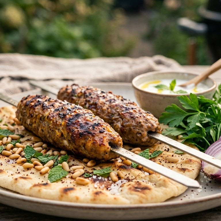 Gegrilde kalfskebabs met pijnboompitten en munt recept