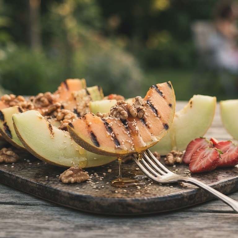 Gegrilde meloen met honing, noten en sesamzaadjes recept