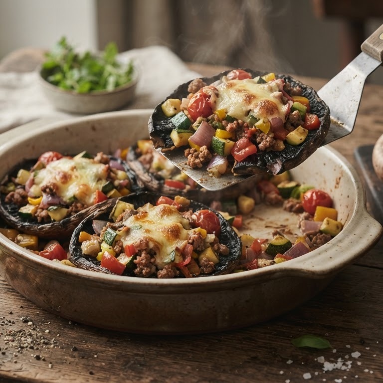 Gegrilde Portabella met roerbakblokjes, groente en kaas recept