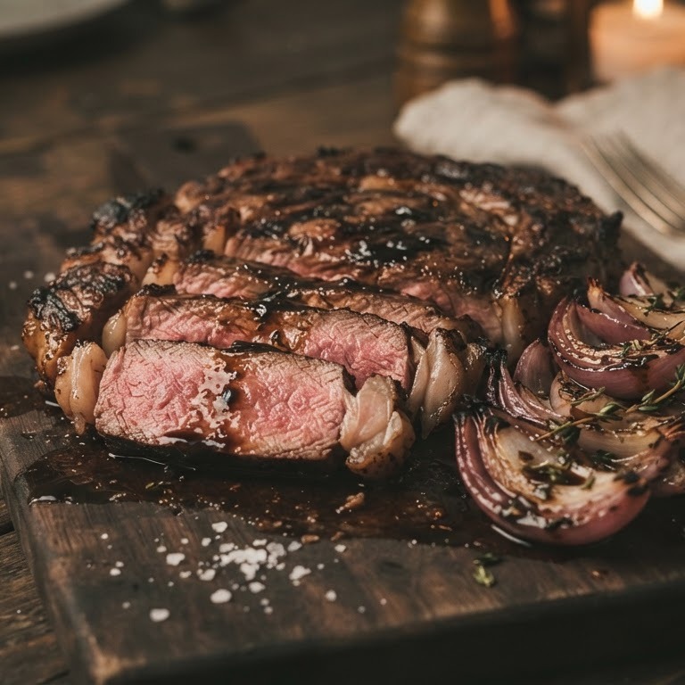 Gegrilde ribeye met rode uien recept