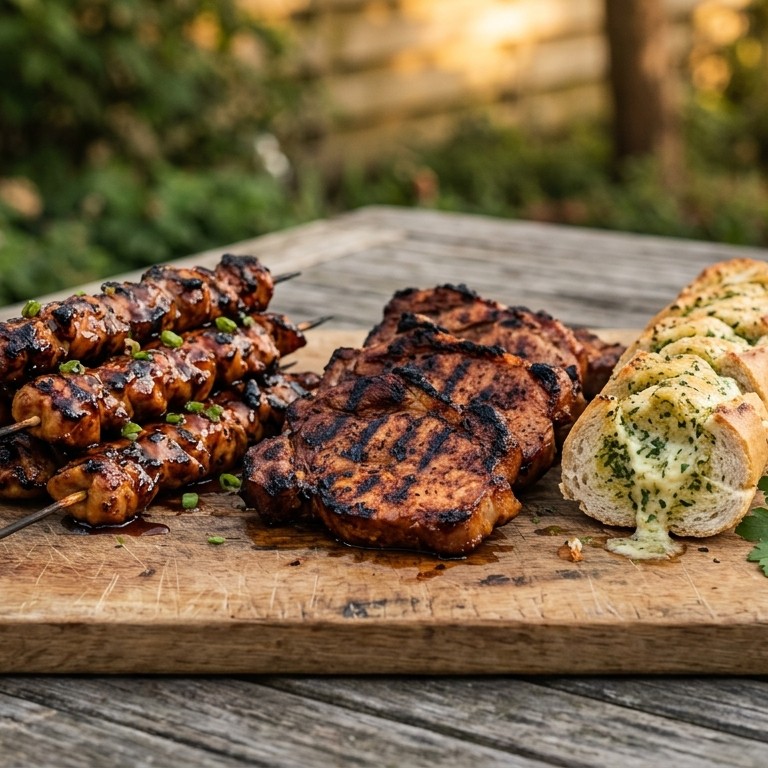 Gegrilde spiesen, steaks en kruidenstokbrood recept