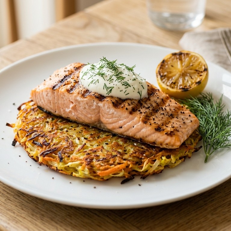 Gegrilde zalmmoot met groente rösti recept