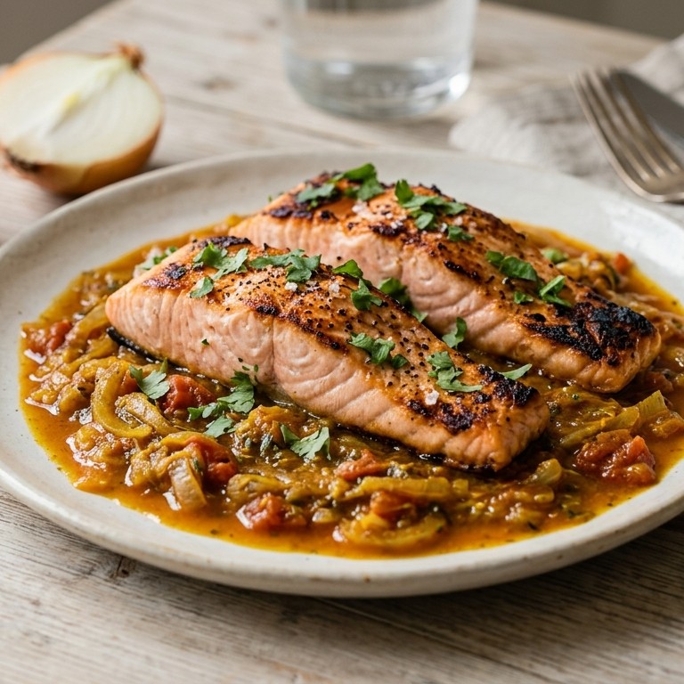 Gegrilleerde zalm met kerrie-tomatensaus recept
