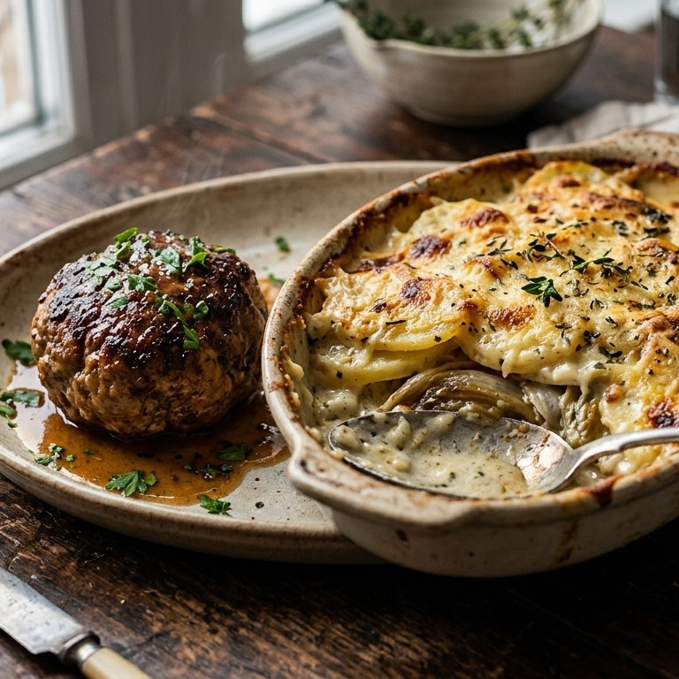 Gehaktbal met gratin van witlof en aardappelen recept
