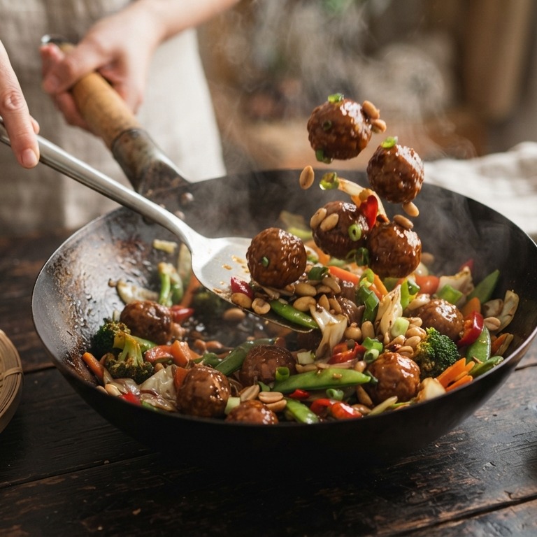 Gehaktballetjes met pinda's en wokgroenten recept
