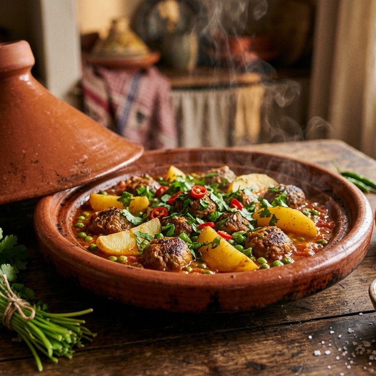 Gehaktballetjestajine met aardappelen en doperwten recept