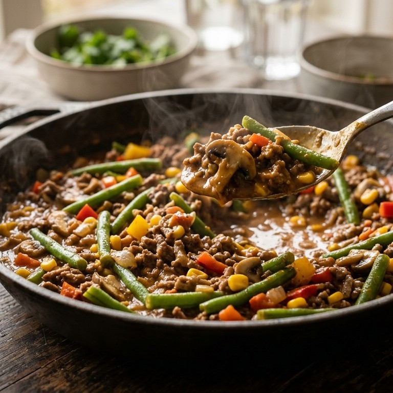 Gehaktschotel met satesaus en sperziebonen recept