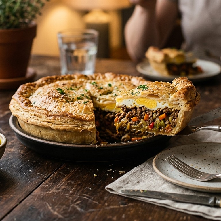 Gehakttaart met nasikruiden en rundergehakt recept