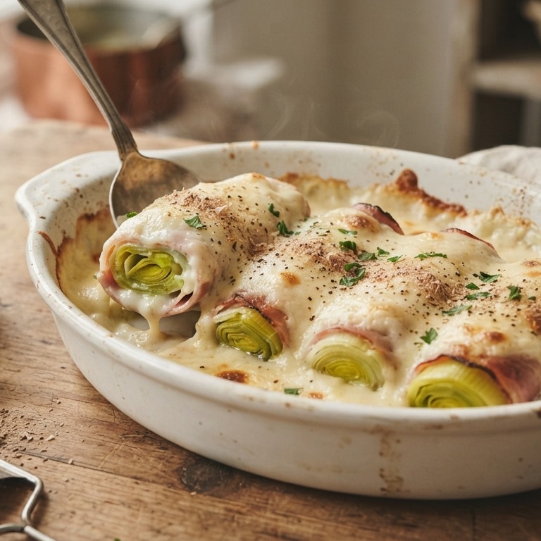 Gekookte prei met ham en kaassaus recept