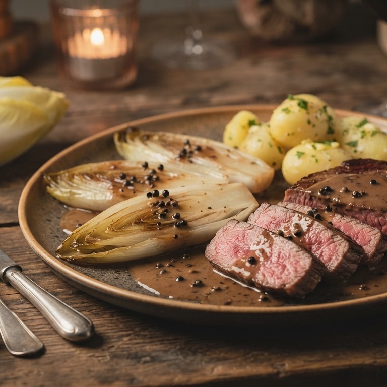 Gekookte witlof met pepersaus en vlees naar keuze recept