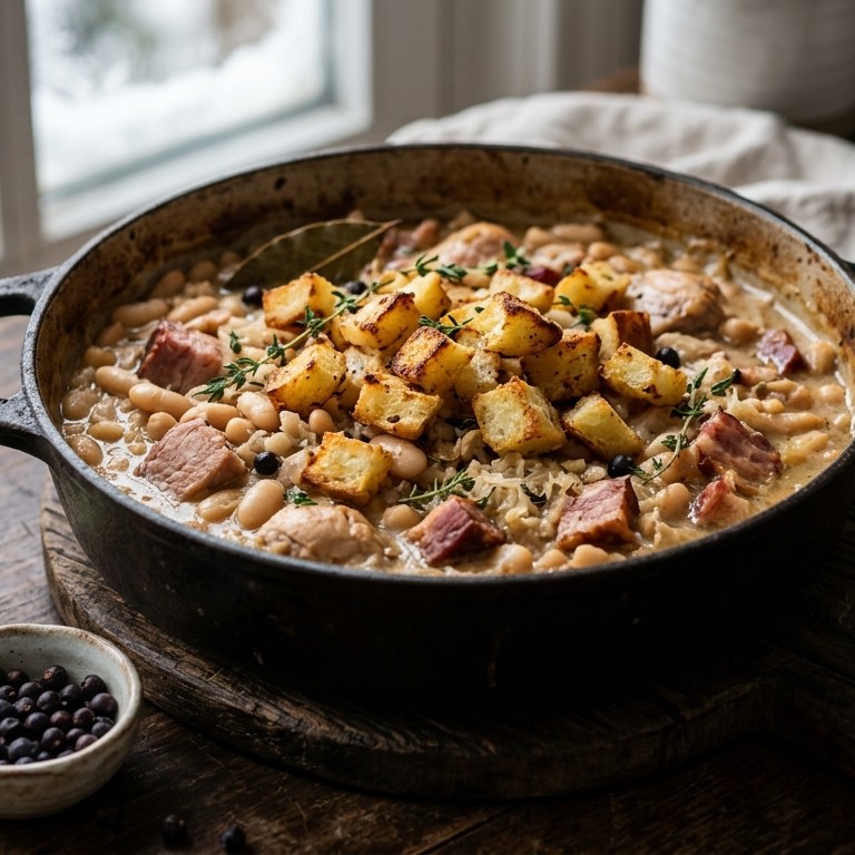 Gekruide cassoulet met aardappelcroutons recept