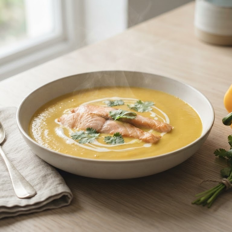 Gele paprikasoep met zalmreepjes recept