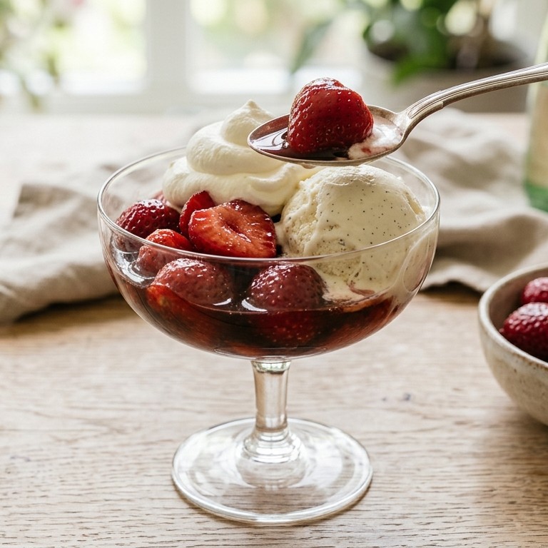 Gemarineerde aardbeien met vanilleroomijs en slagroom recept