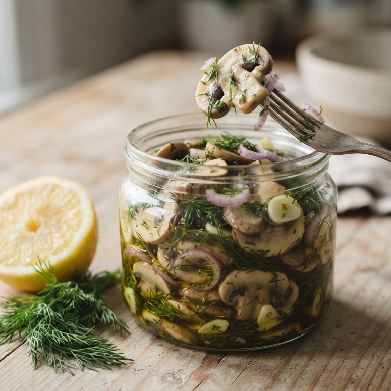 Gemarineerde champignons in knoflook, dille en sjalotjes recept