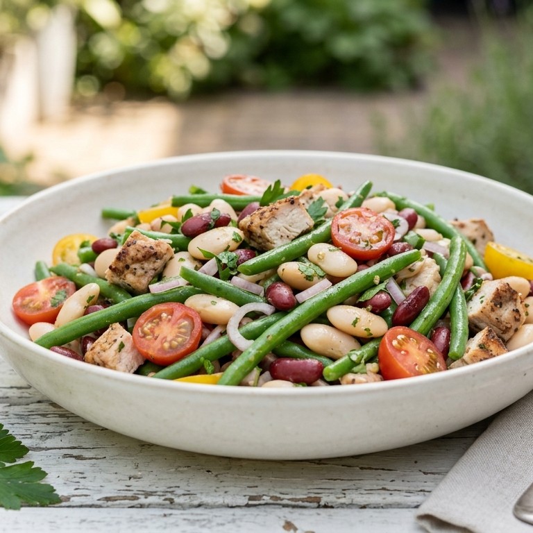 Gemengde bonensalade met gerookte kip en tomaat recept