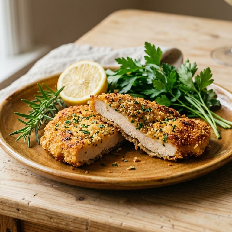 Gepaneerde kip met mosterd, peterselie en rozemarijn recept