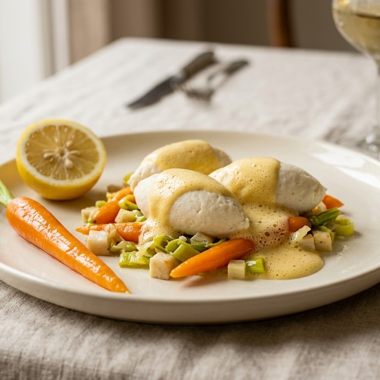 Gepocheerde visquenelles met groenten en sabayon recept