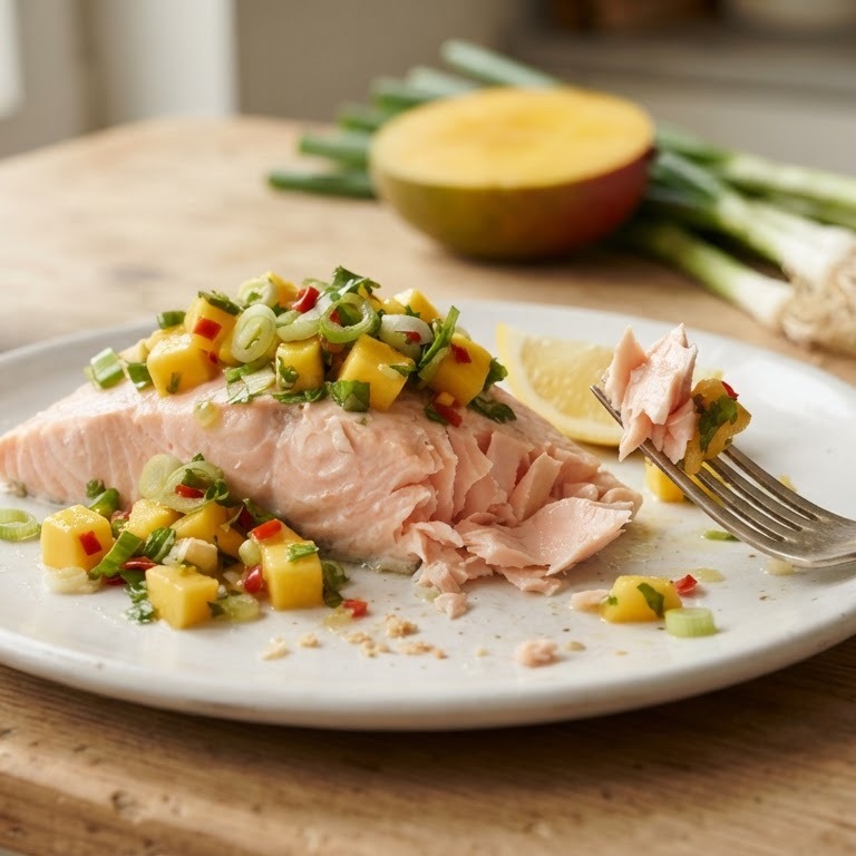 Gepocheerde zalm met bosui en mango recept
