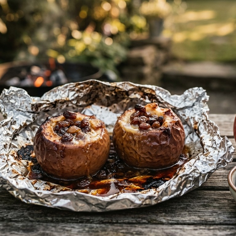 Gepoft fruit van appel met rumrozijnen op de BBQ recept