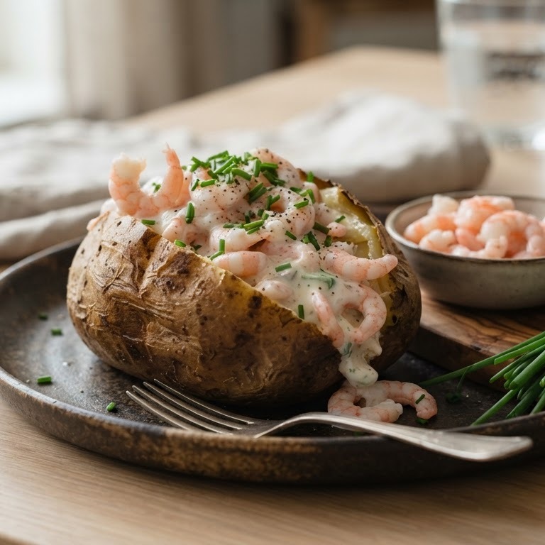 Gepofte aardappel met garnalen recept