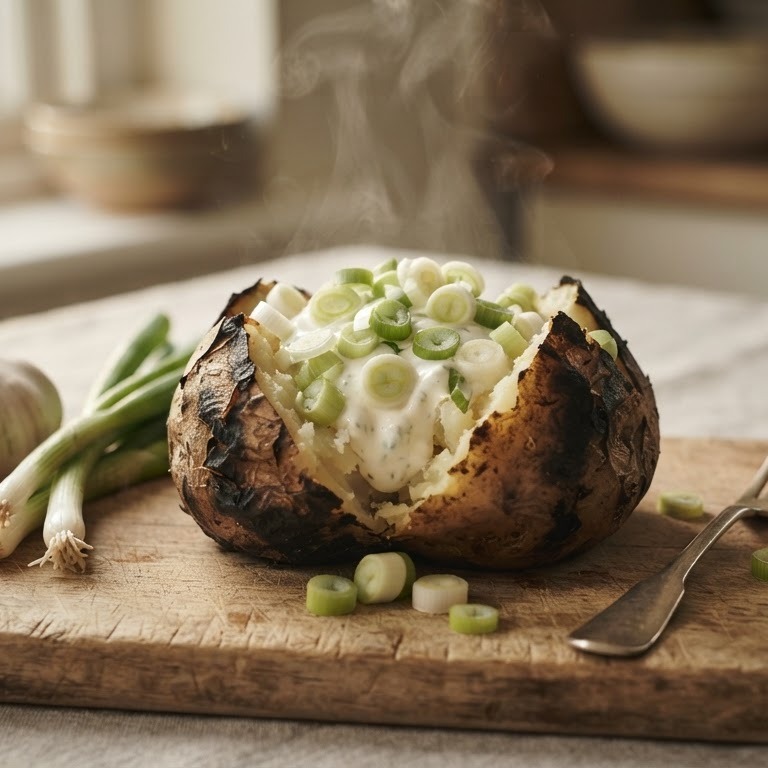 Gepofte aardappel met knoflook en bosui recept