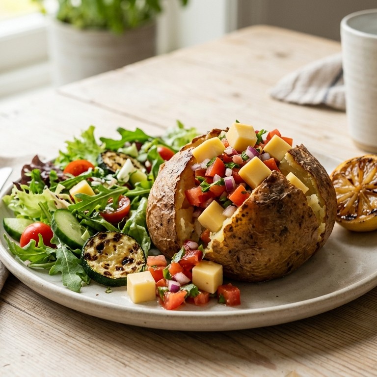 Gepofte aardappel met salsa en salade recept