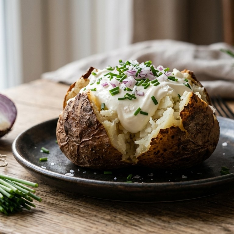 Gepofte aardappel met zure room en bieslook recept