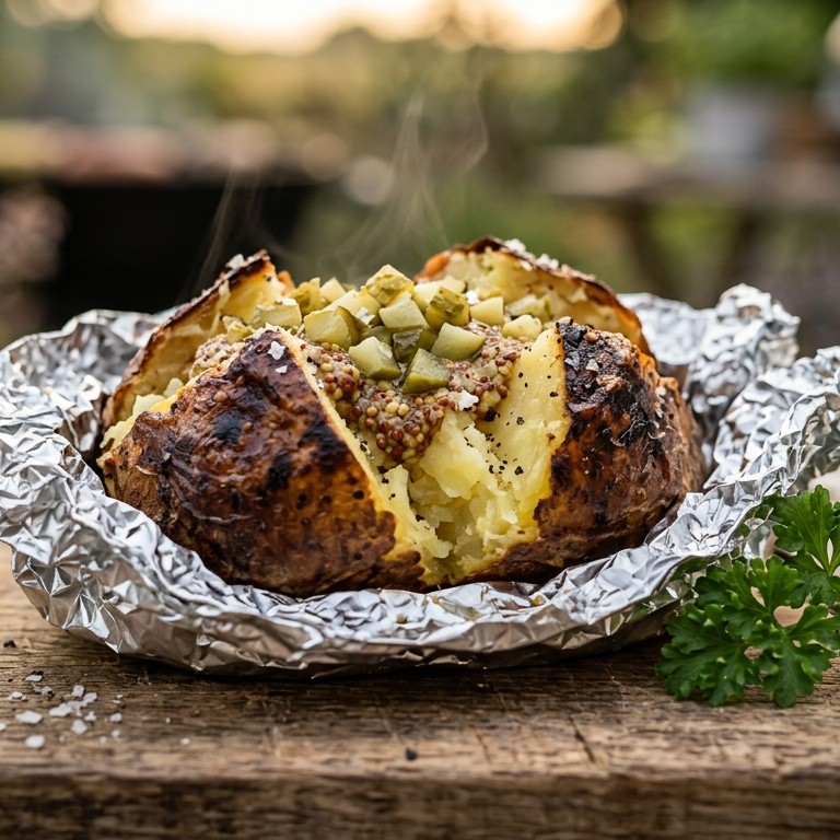 Gepofte aardappelen met stukjes augurk en mosterd recept