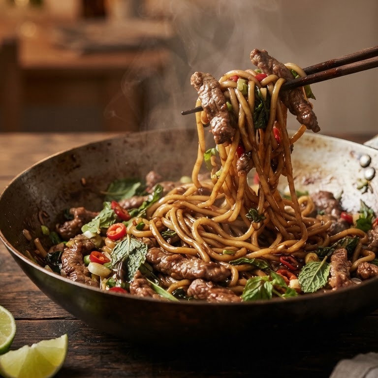 Geroerbakt lamsvlees met munt en sjanghai-noedels recept