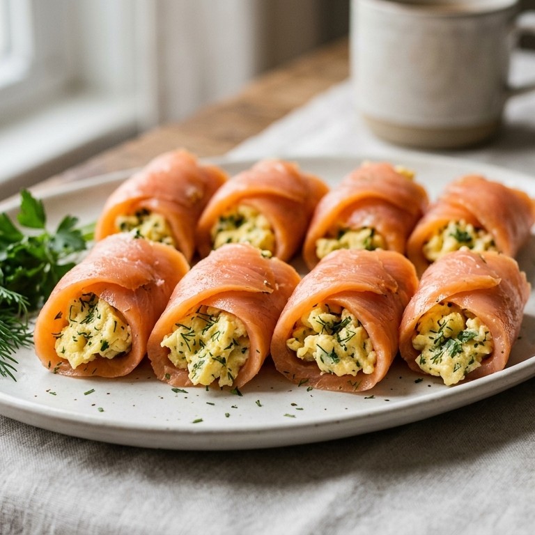Gerookte zalm gevuld met kruiden-roerei recept
