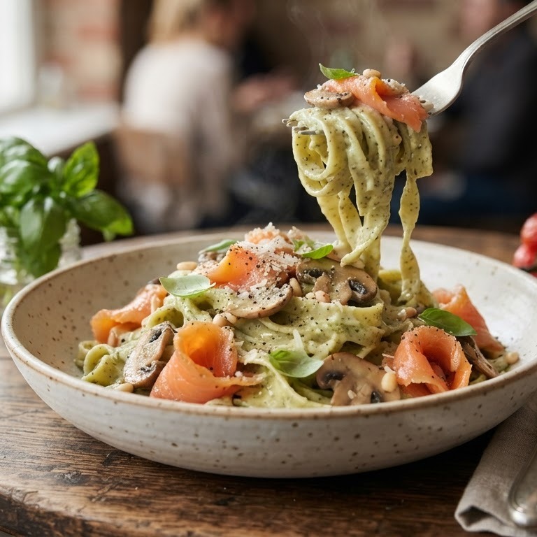 Gerookte zalm met tagliatelle in  pesto roomsaus recept
