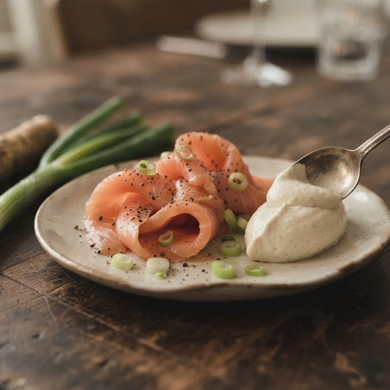 Gerookte zalmreepjes met mierikswortelroom recept