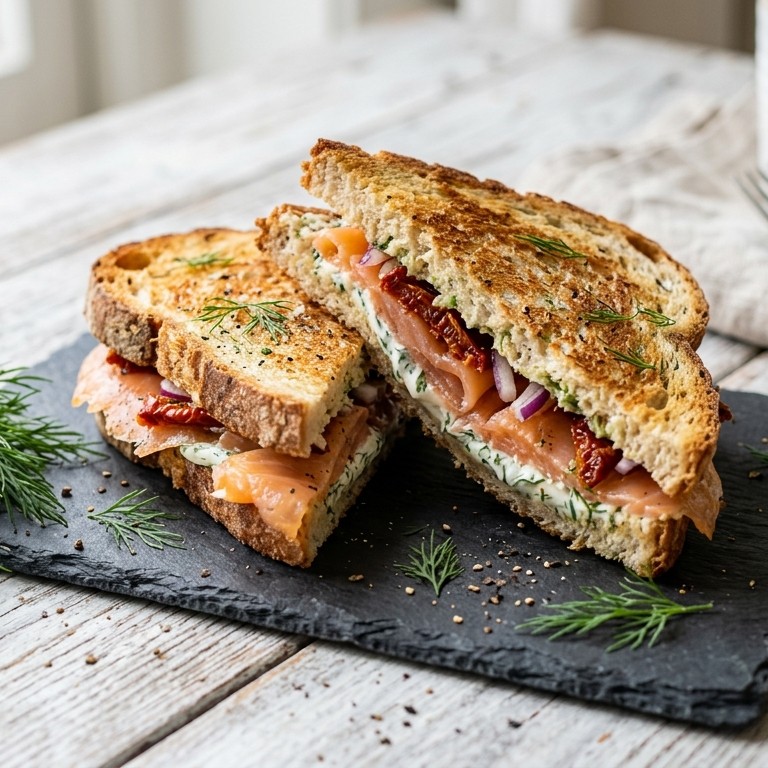 Geroosterde sandwich met gerookte zalm en dillecrème recept