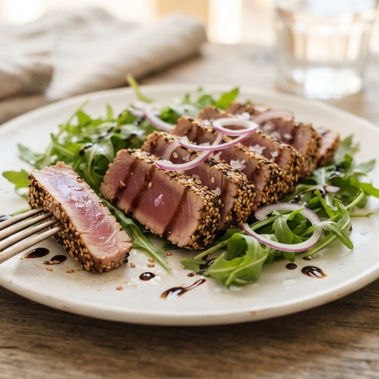 Geschroeide tonijn op een bedje van rucola recept