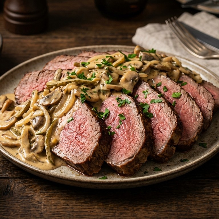 Gesmoorde rosbief met stroganoffsaus recept