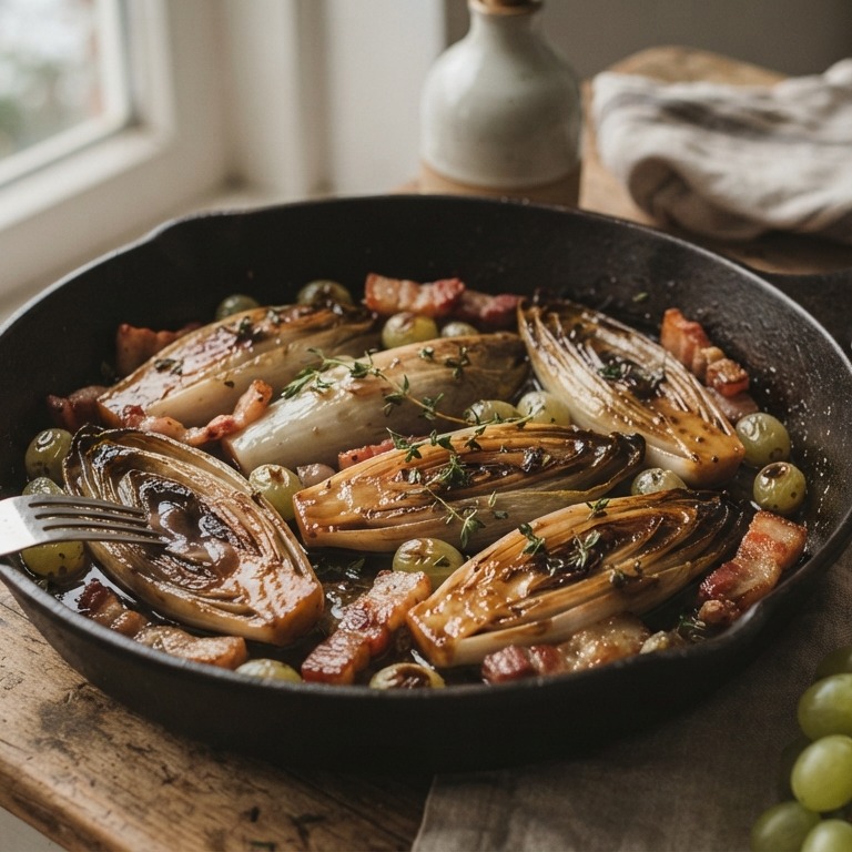 Gesmoorde witlof met buikspek en druiven recept