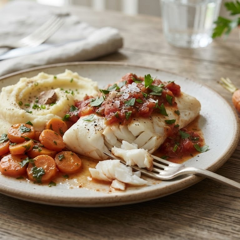 Gestoofde kabeljauw met worteltjes en puree recept