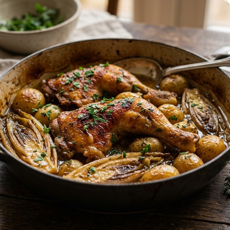 Gestoofde kip met witlof en krieltjes recept